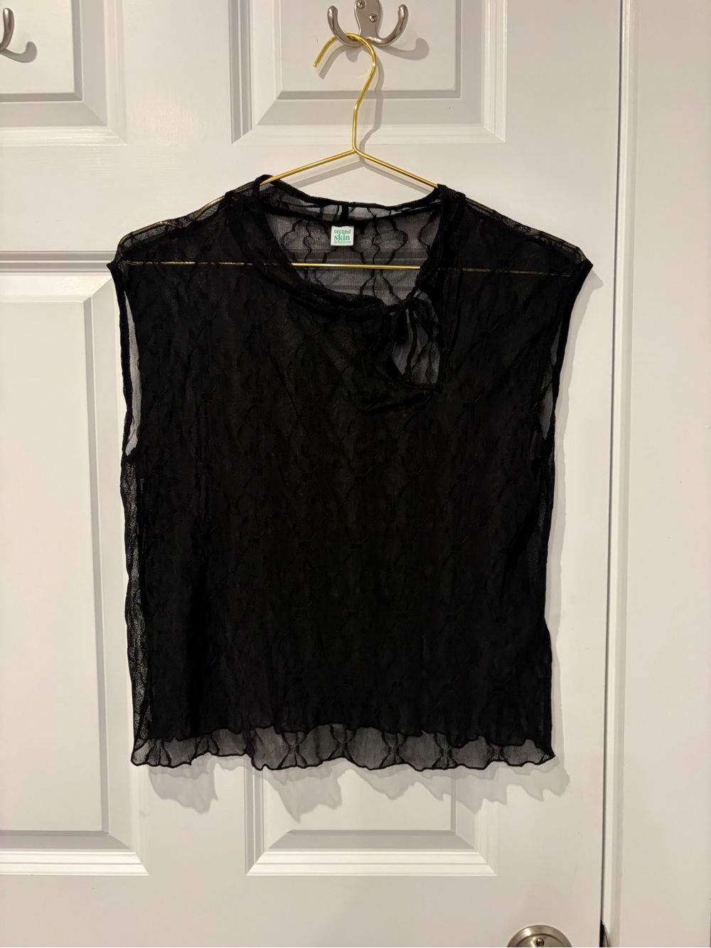 Second Skin Overalls Black Sheer Lace Tie-Neck Sleeveless Blouse